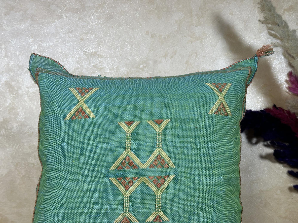 Teal Cactus Silk Pillow Cover, Moroccan Kilim Boho Cushion, Handmade Sabra Textured Pillow, Gift For Sofa - product image 3