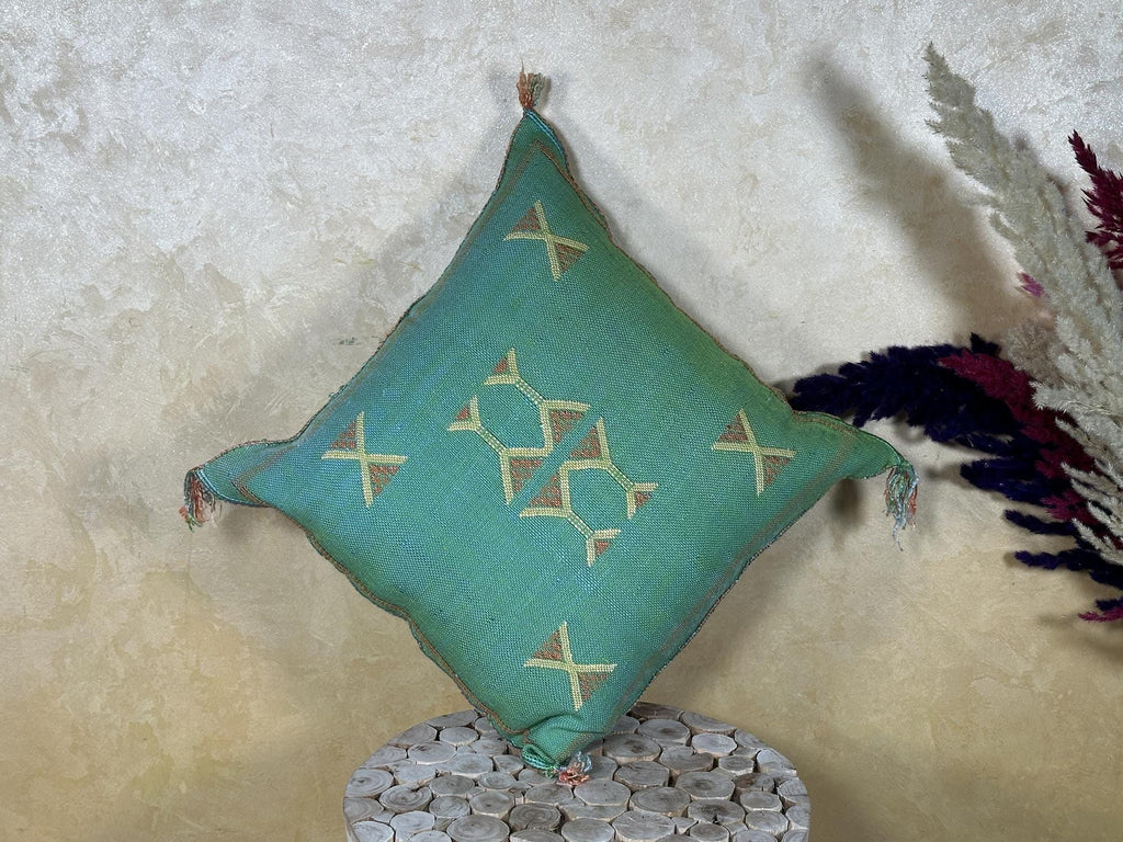 Teal Cactus Silk Pillow Cover, Moroccan Kilim Boho Cushion, Handmade Sabra Textured Pillow, Gift For Sofa - product image 5