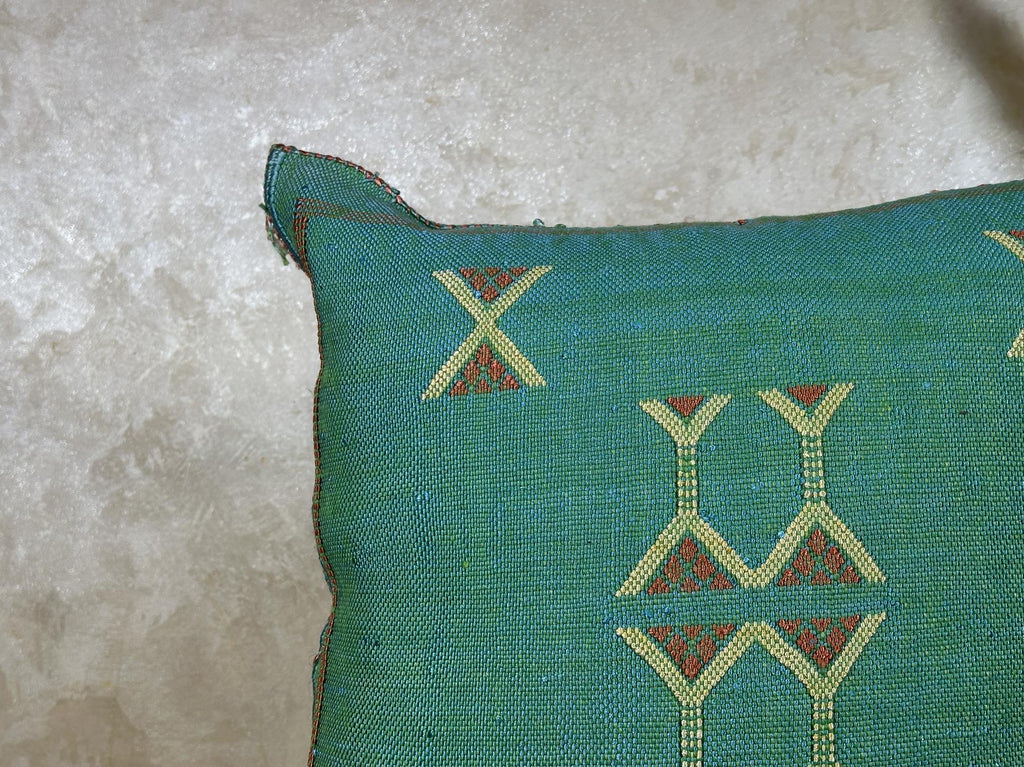 Teal Cactus Silk Pillow Cover, Moroccan Kilim Boho Cushion, Handmade Sabra Textured Pillow, Gift For Sofa - product image 6