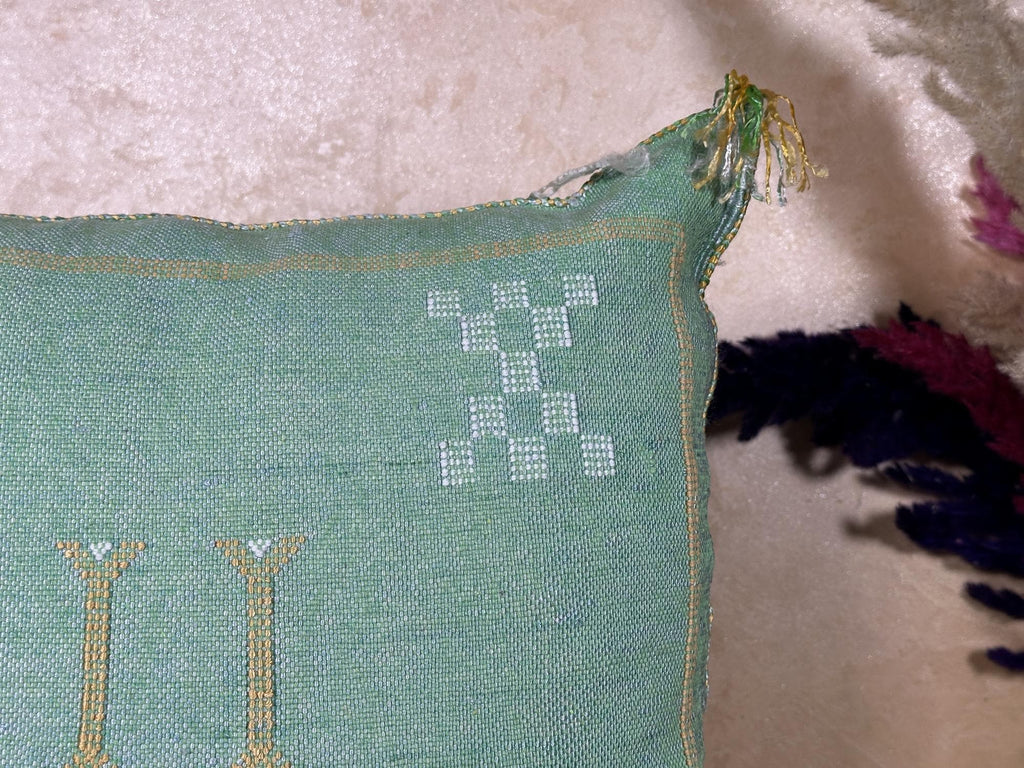 Turquoise Cactus Silk Pillow Cover, Handmade Moroccan Kilim Cushion with Tassels, Boho Embroidered Square - product image 6