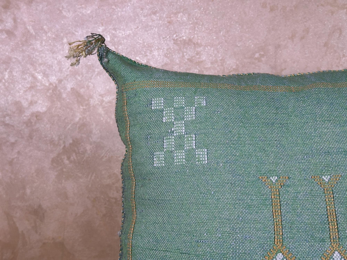 Turquoise Cactus Silk Pillow Cover, Handmade Moroccan Kilim Cushion with Tassels, Boho Embroidered Square - product image 5