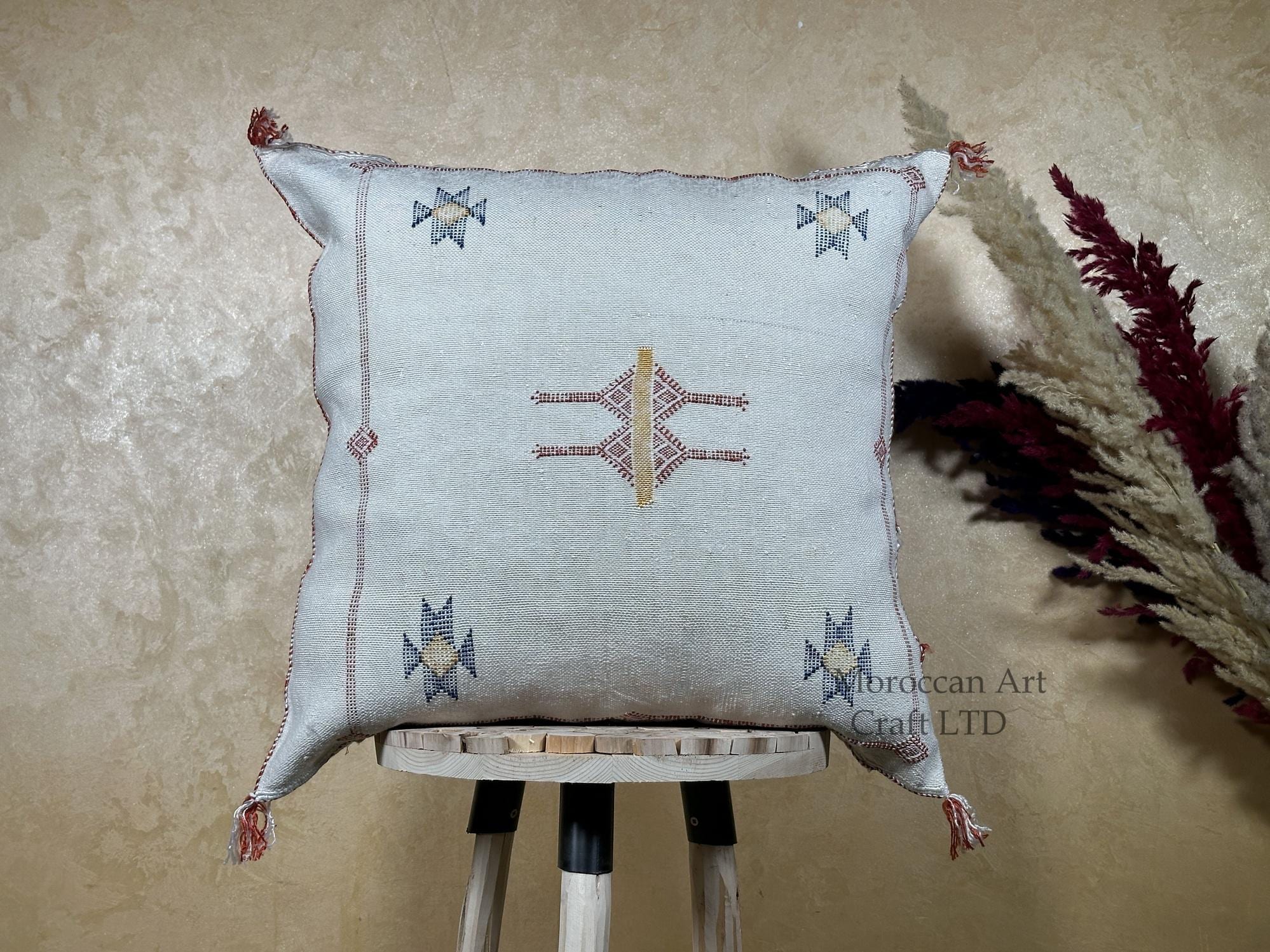 Soft Blue Moroccan Cactus Silk Pillow Cover, Handmade Boho Geometric Cushion, Woven Sabra Pillow Case, Lu - product image 1