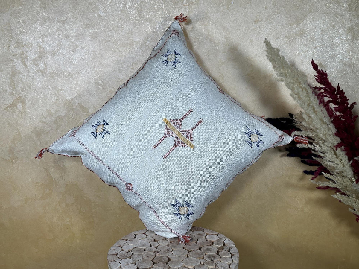Soft Blue Moroccan Cactus Silk Pillow Cover, Handmade Boho Geometric Cushion, Woven Sabra Pillow Case, Lu - product image 8