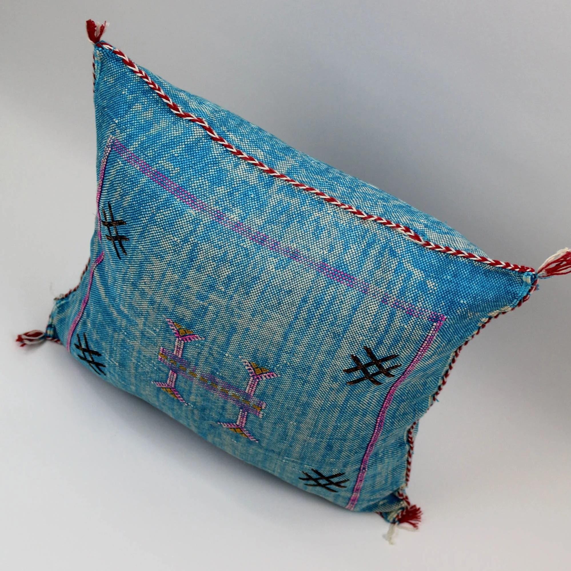 Handmade Moroccan Cactus Silk Pillow, Blue Embroidered Lumbar Cushion - product image 3