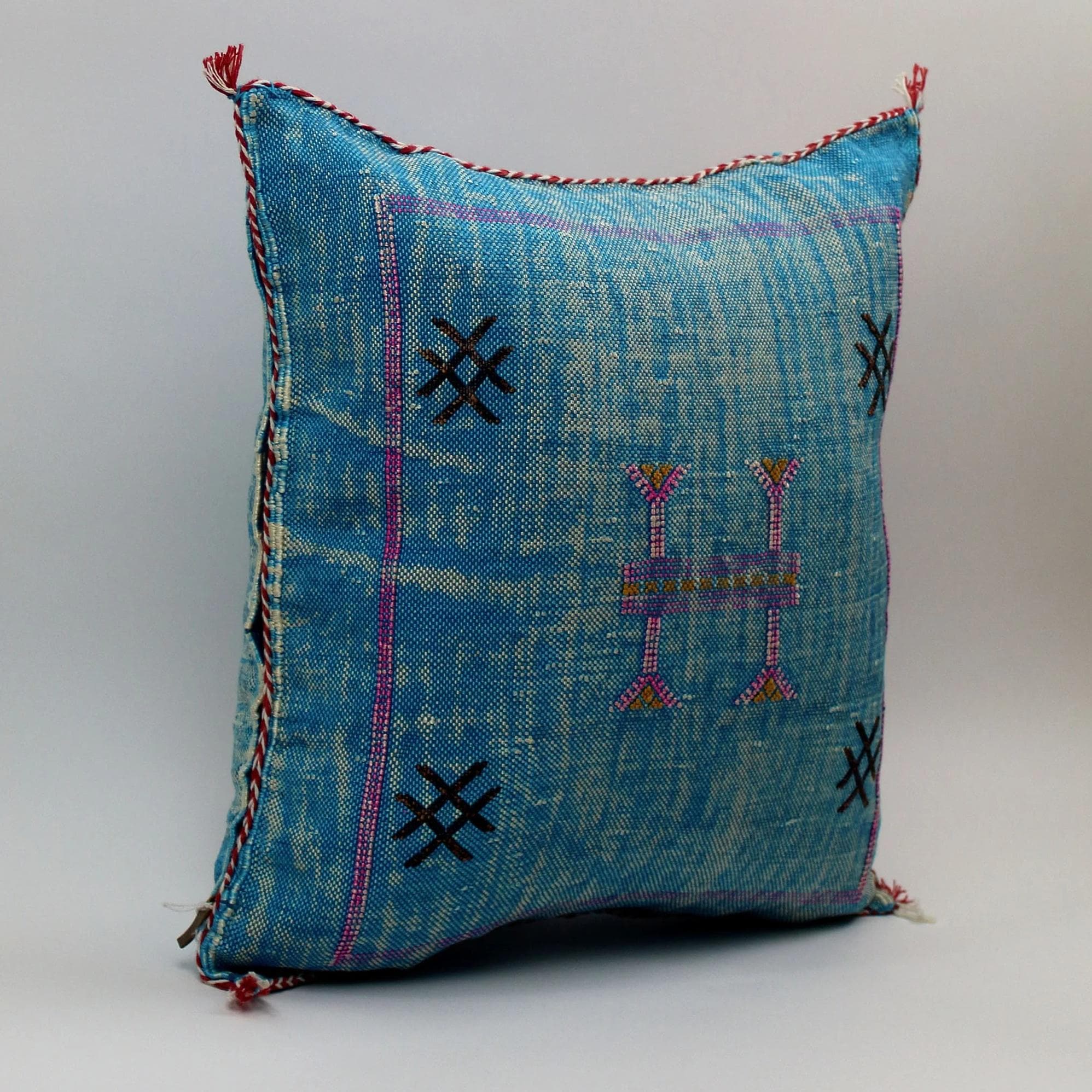 Handmade Moroccan Cactus Silk Pillow, Blue Embroidered Lumbar Cushion - product image 2