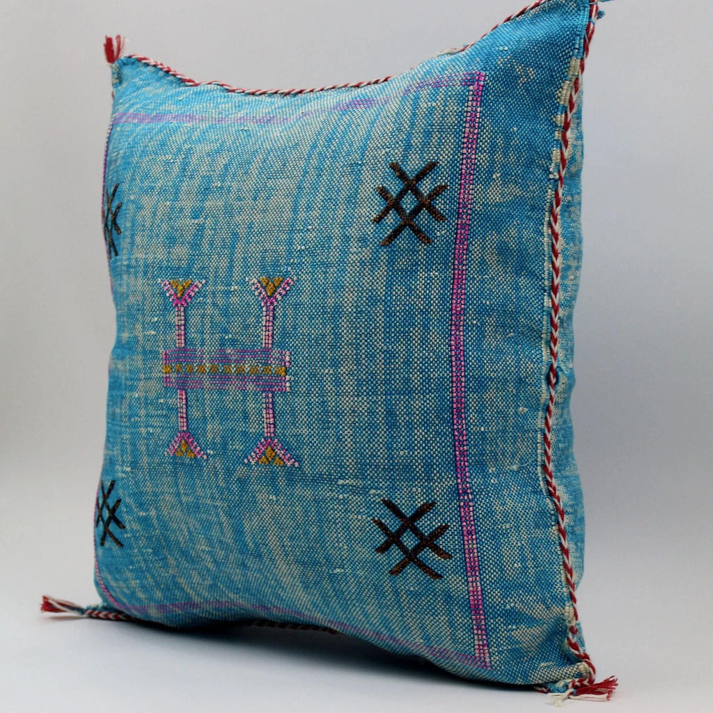 Handmade Moroccan Cactus Silk Pillow, Blue Embroidered Lumbar Cushion - product image 6