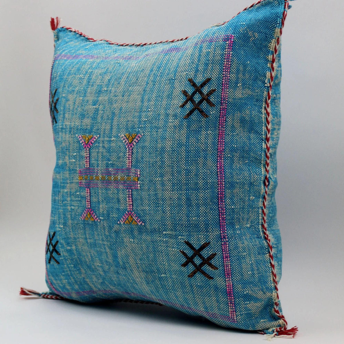 Handmade Moroccan Cactus Silk Pillow, Blue Embroidered Lumbar Cushion - product image 6