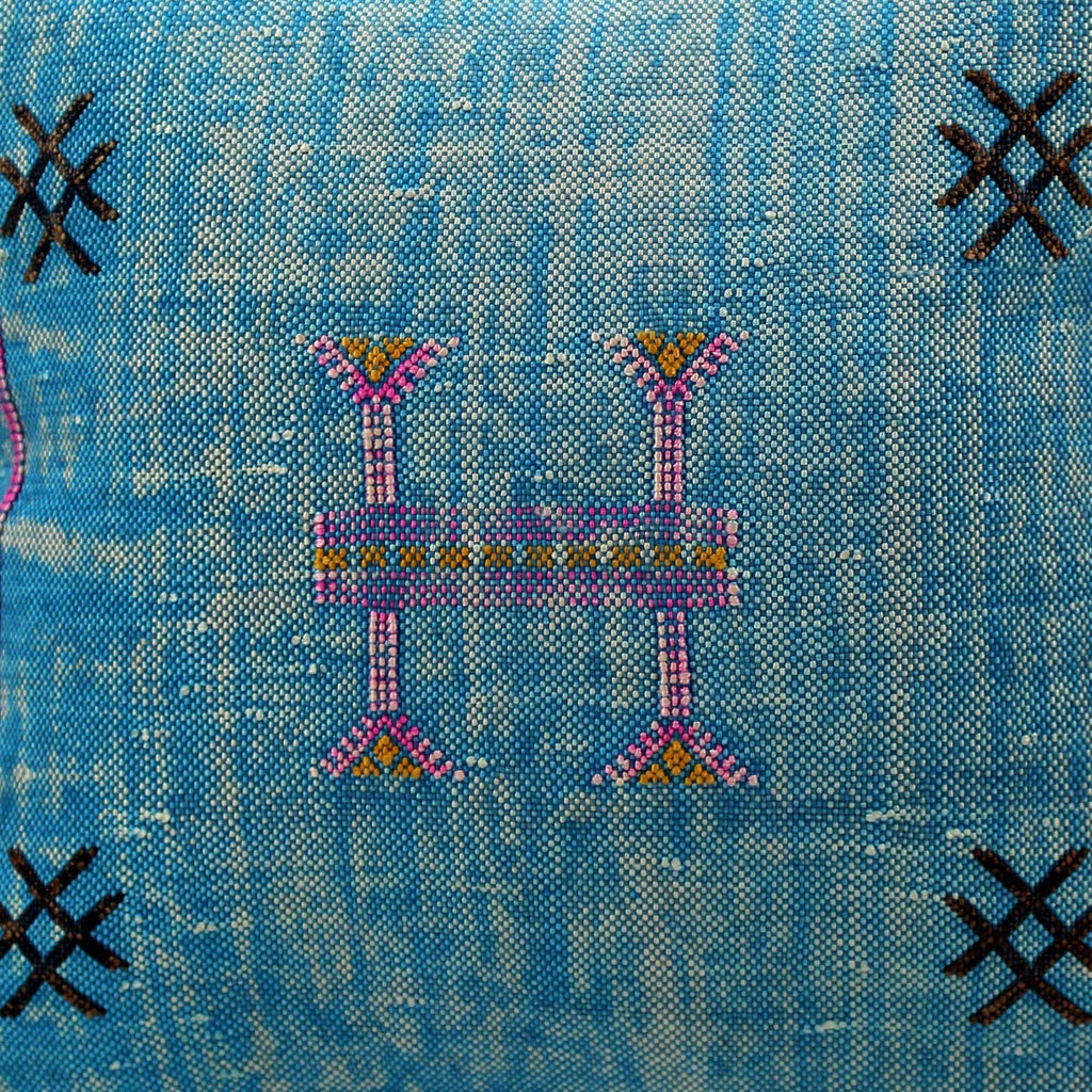 Handmade Moroccan Cactus Silk Pillow, Blue Embroidered Lumbar Cushion - product image 7