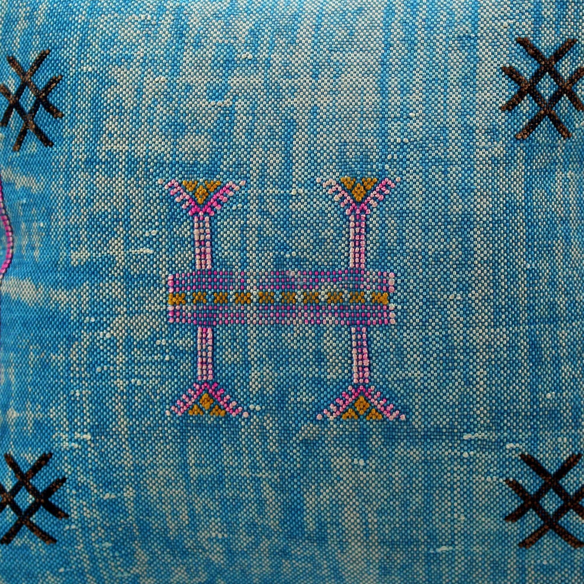 Handmade Moroccan Cactus Silk Pillow, Blue Embroidered Lumbar Cushion - product image 7
