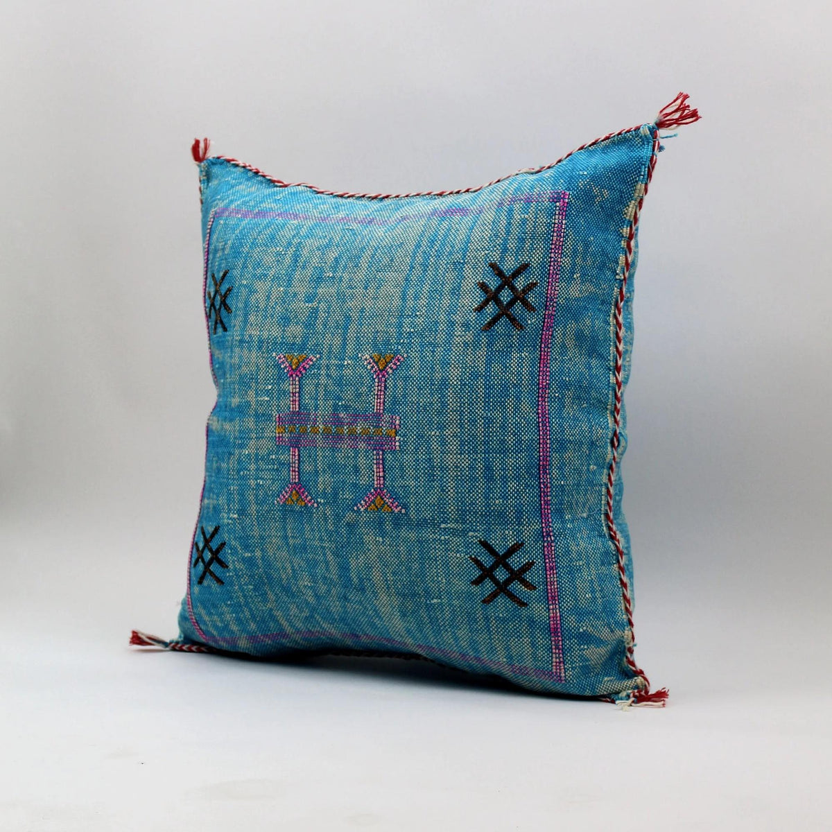 Handmade Moroccan Cactus Silk Pillow, Blue Embroidered Lumbar Cushion - product image 9