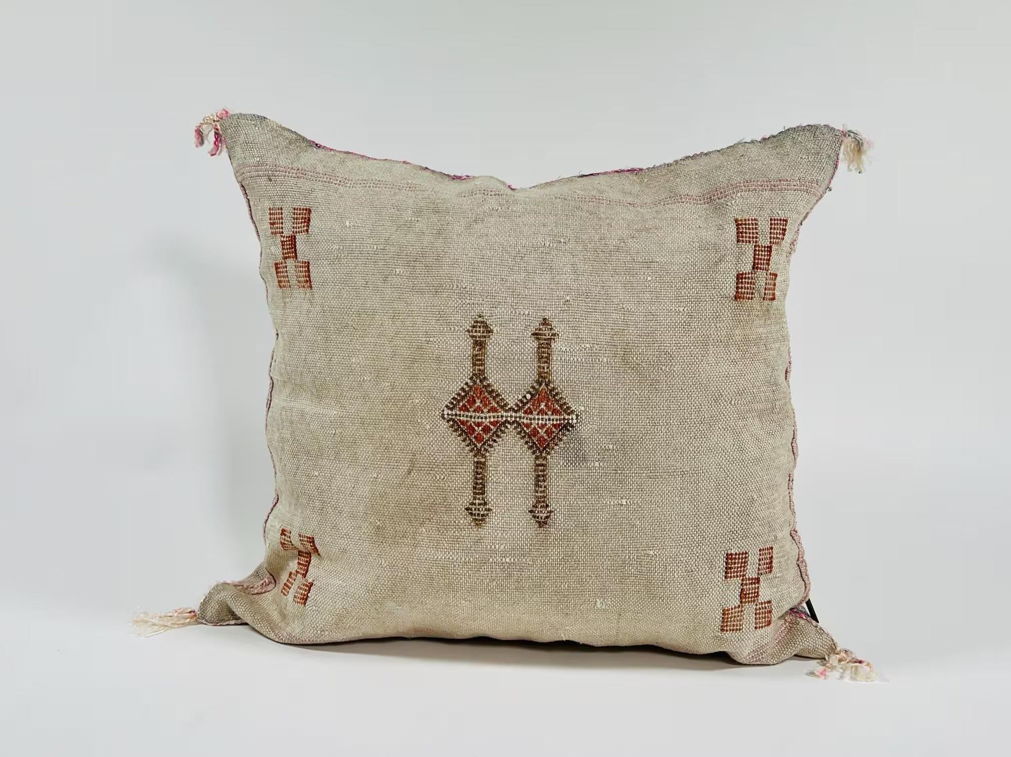 Natural Beige Moroccan Cushion Cover with Rust Geometric Motif, Textured Silk Pillow Cover for Home Decor - product image 3
