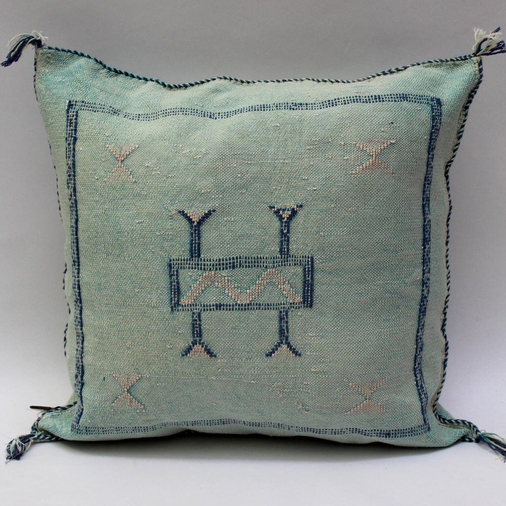 Light Blue Cactus Silk Pillow, Handmade Moroccan Lumbar Cushion - product image 3