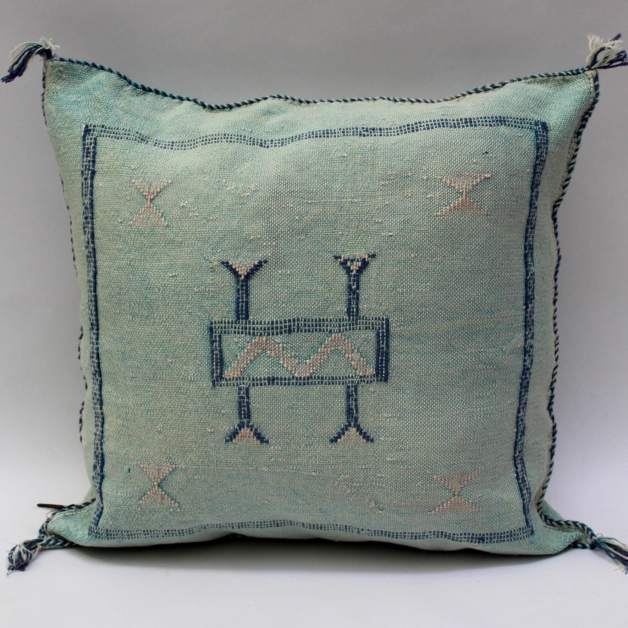 Light Blue Cactus Silk Pillow, Handmade Moroccan Lumbar Cushion - product image 3