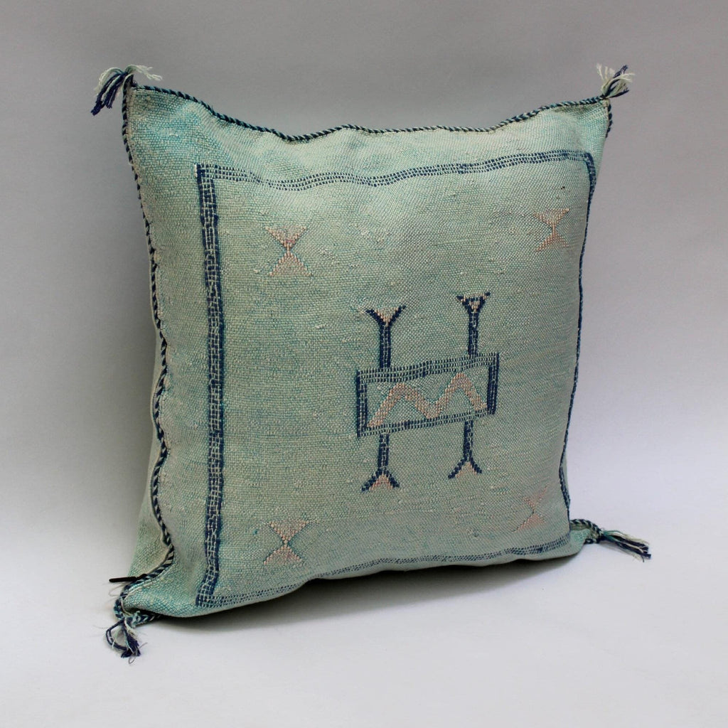 Light Blue Cactus Silk Pillow, Handmade Moroccan Lumbar Cushion - product image 2