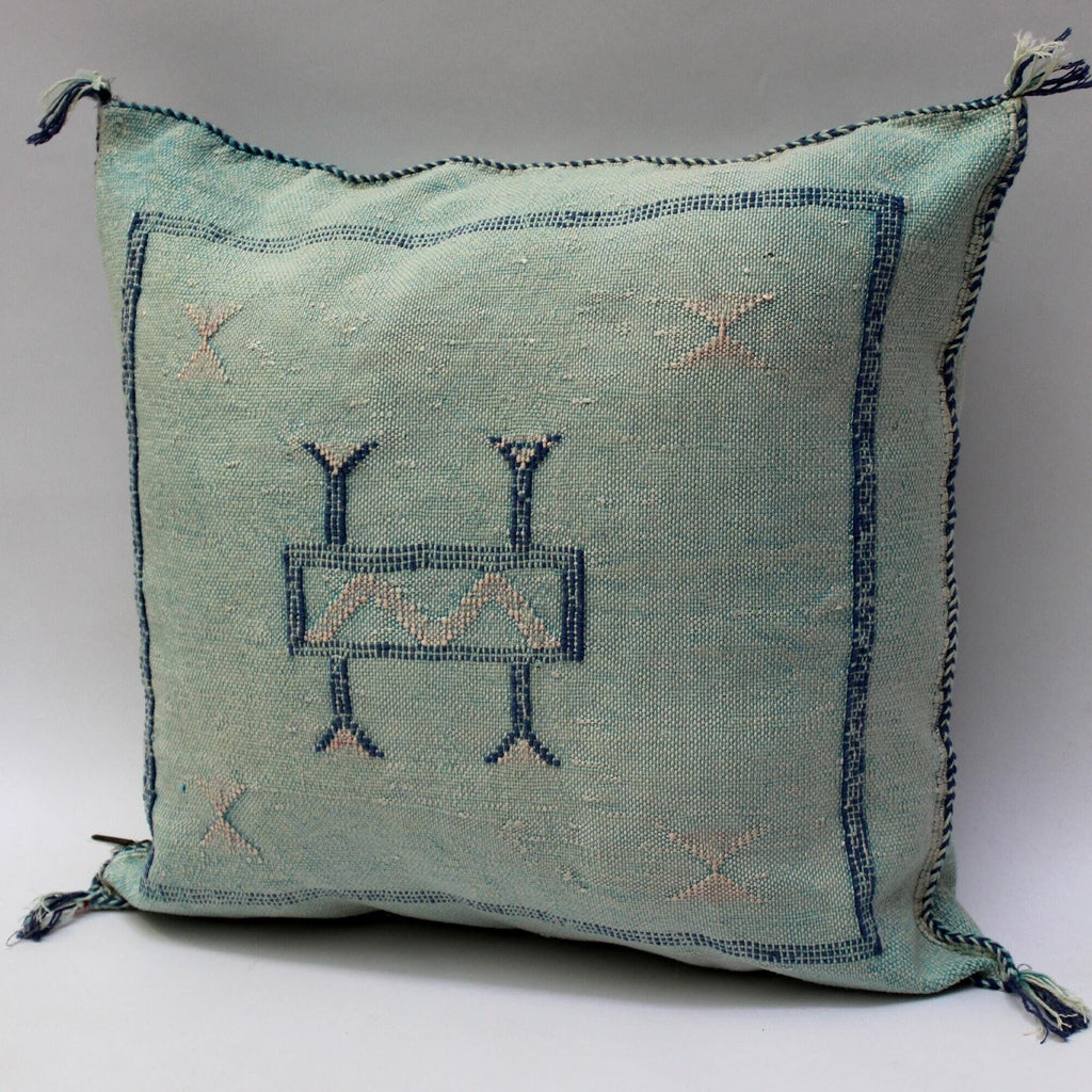 Light Blue Cactus Silk Pillow, Handmade Moroccan Lumbar Cushion - product image 5