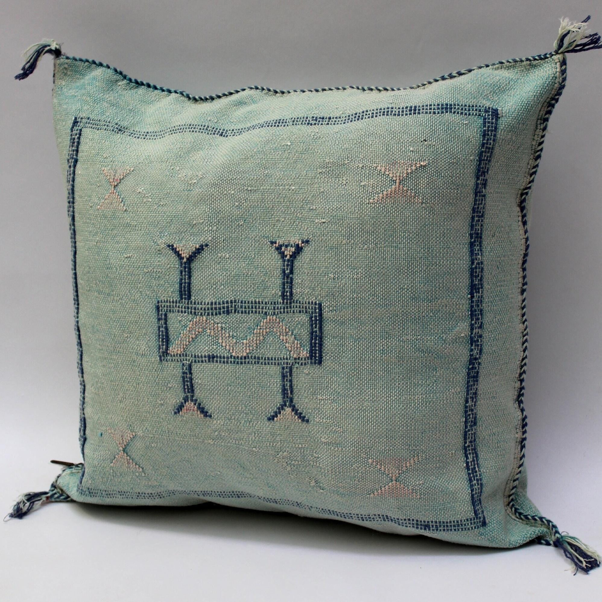 Light Blue Cactus Silk Pillow, Handmade Moroccan Lumbar Cushion - product image 5