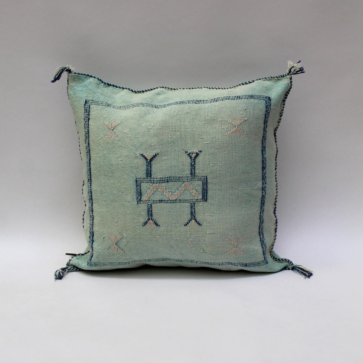 Light Blue Cactus Silk Pillow, Handmade Moroccan Lumbar Cushion - product image 8