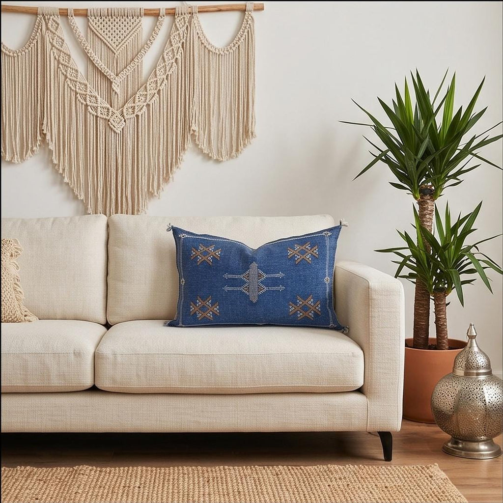 Handmade Moroccan Silk Pillow Cover, Indigo Blue Boho Tribal Embroidered Pillowcase for Sofa Couch, Sizes - product image 5