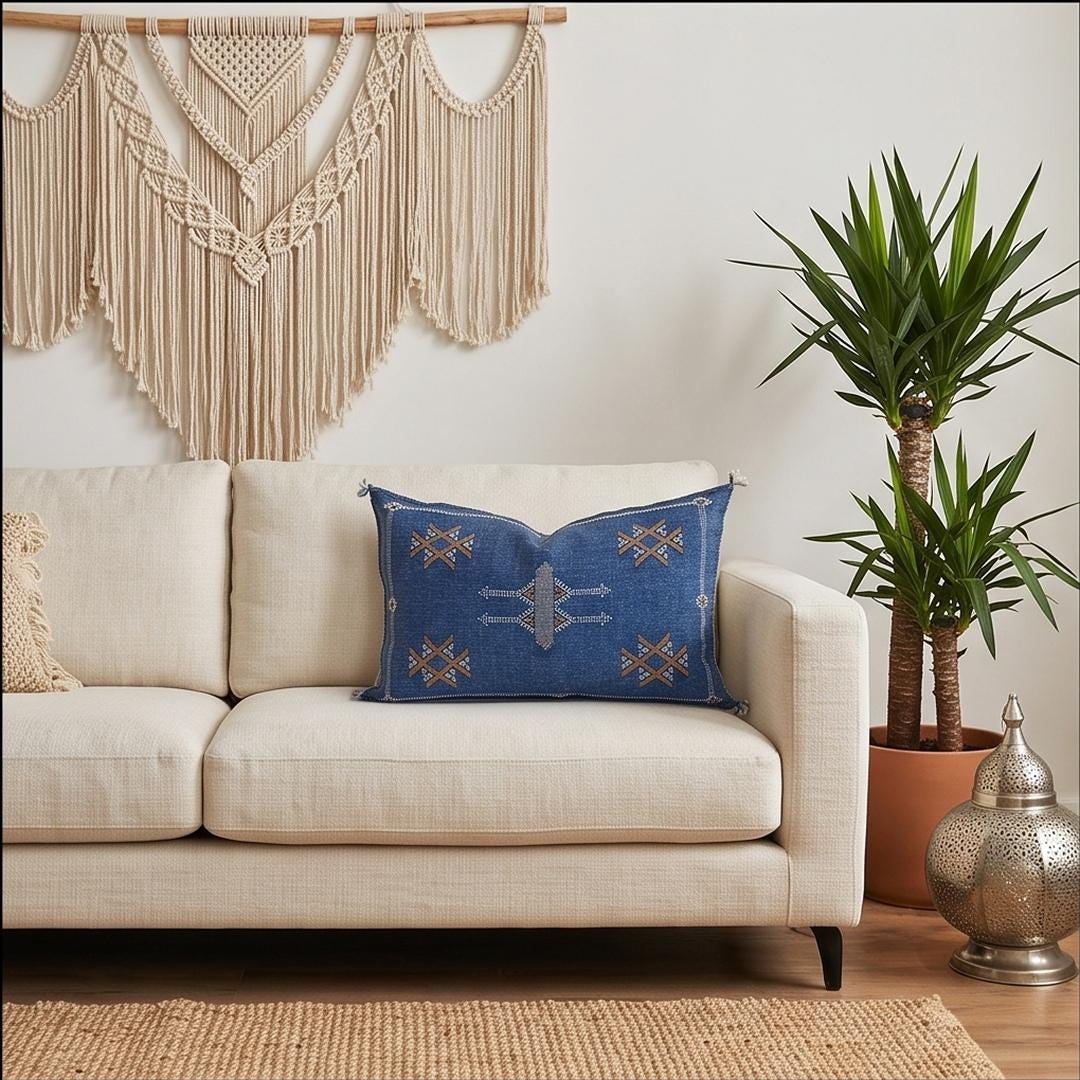 Handmade Moroccan Silk Pillow Cover, Indigo Blue Boho Tribal Embroidered Pillowcase for Sofa Couch, Sizes - product image 5