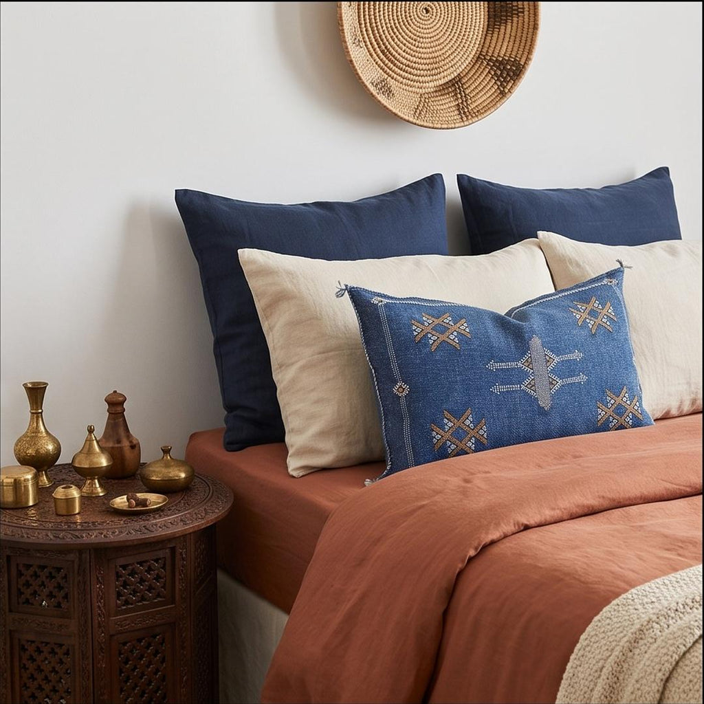Handmade Moroccan Silk Pillow Cover, Indigo Blue Boho Tribal Embroidered Pillowcase for Sofa Couch, Sizes - product image 3