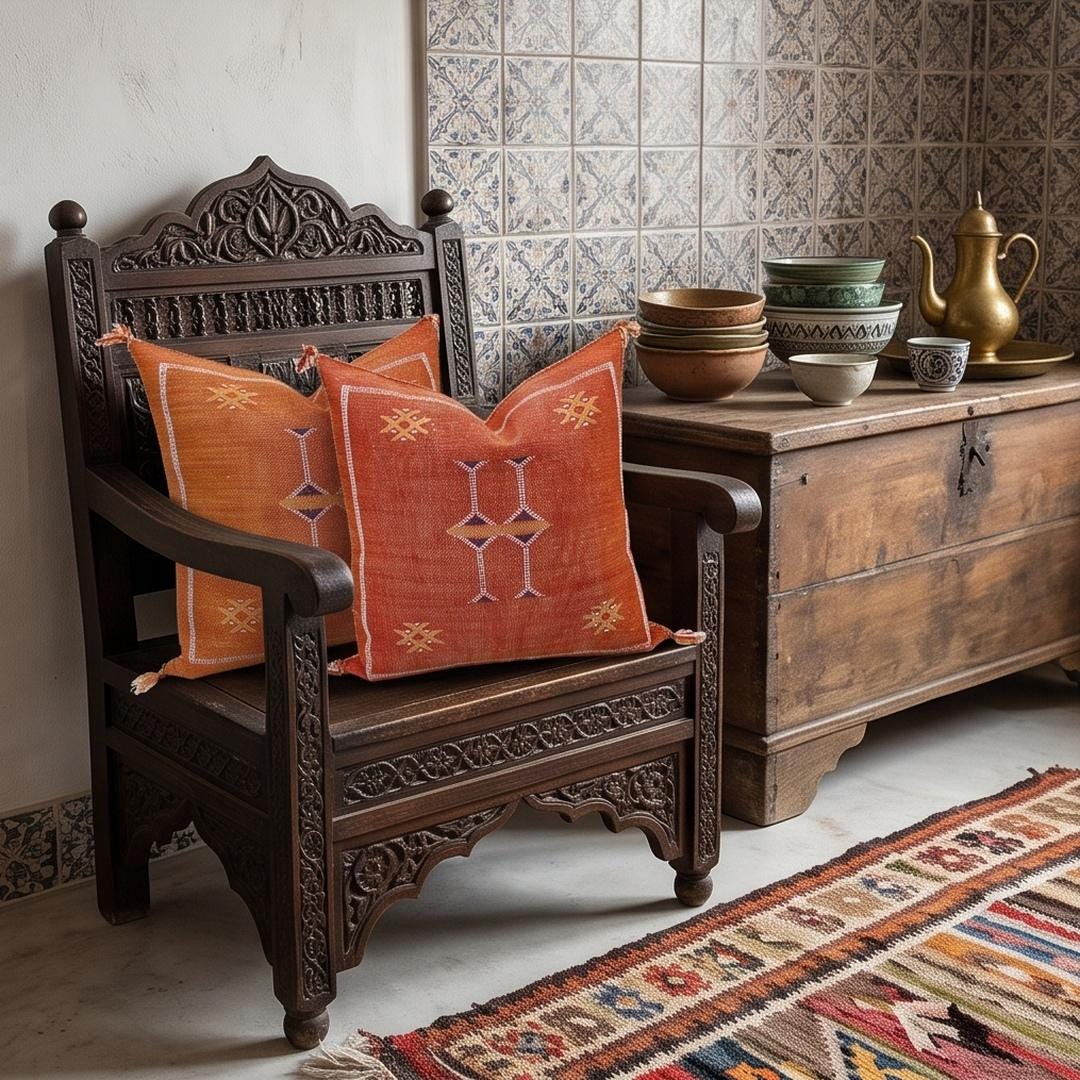 Rust Orange Silk Pillow Cover, Handmade Moroccan Boho Pillowcase, Tribal Embroidered Decor, Custom Floor - product image 5