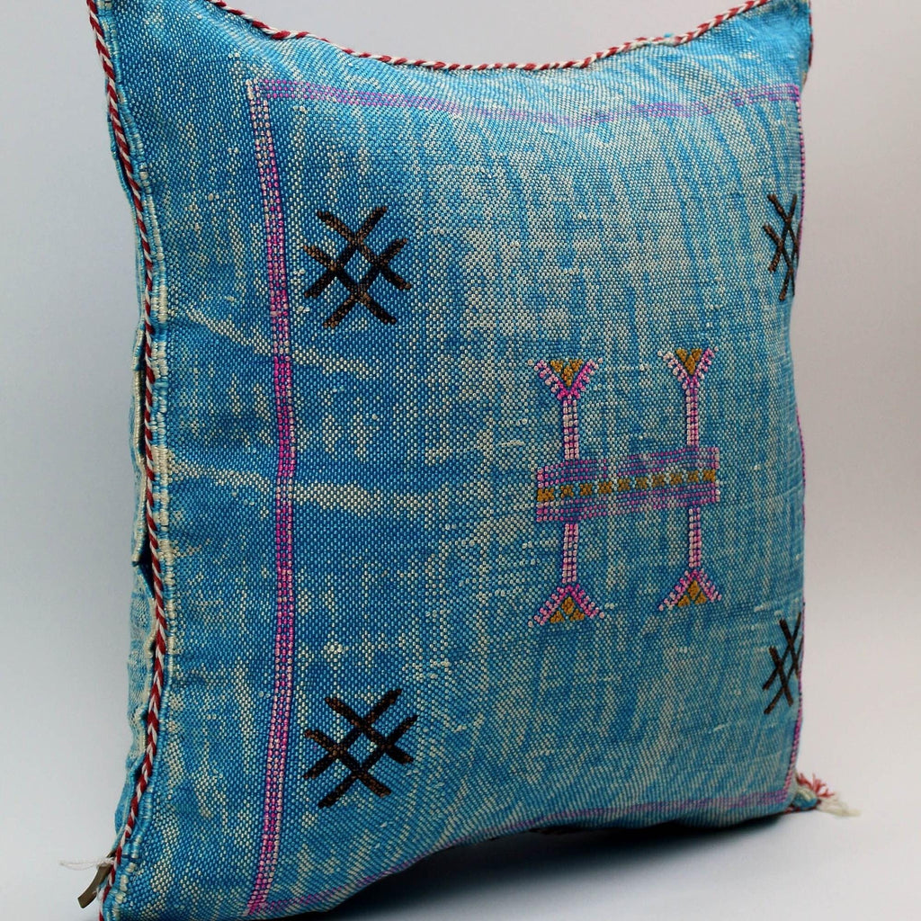 Handmade Moroccan Cactus Silk Pillow, Blue Embroidered Lumbar Cushion - product image 5