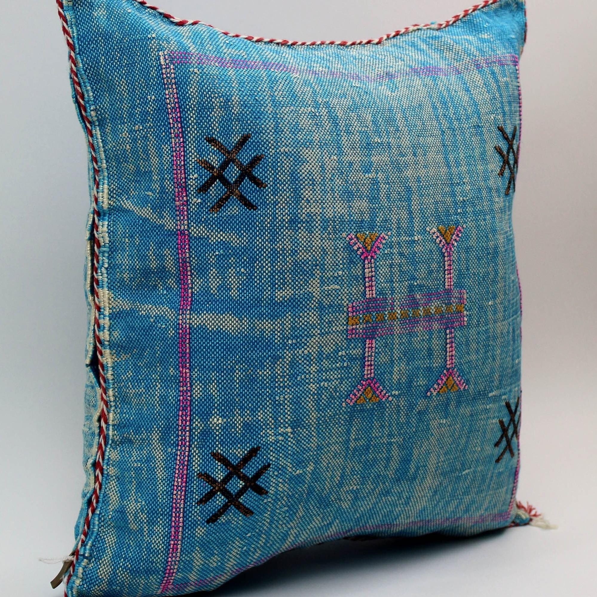 Handmade Moroccan Cactus Silk Pillow, Blue Embroidered Lumbar Cushion - product image 5
