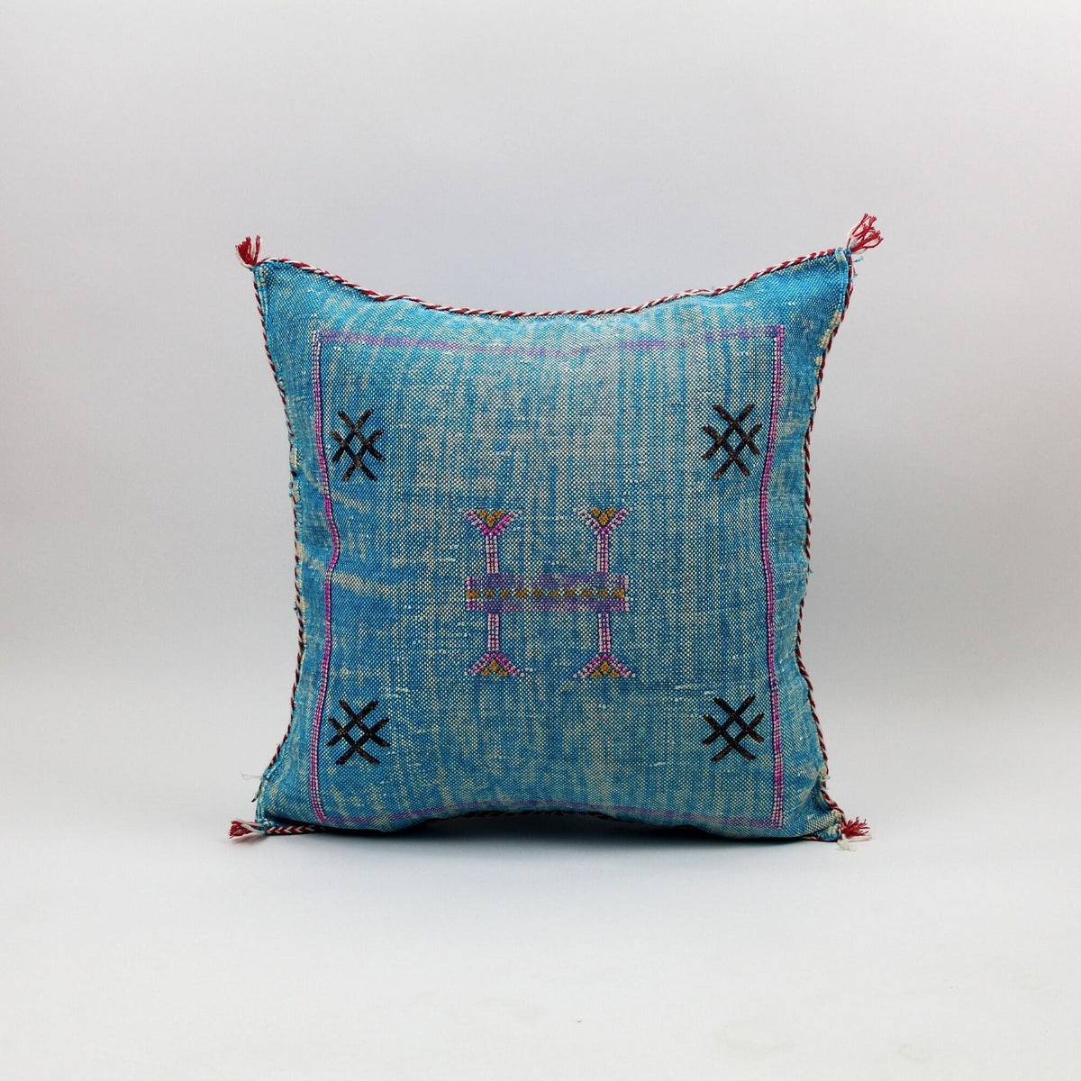 Handmade Moroccan Cactus Silk Pillow, Blue Embroidered Lumbar Cushion - product image 8
