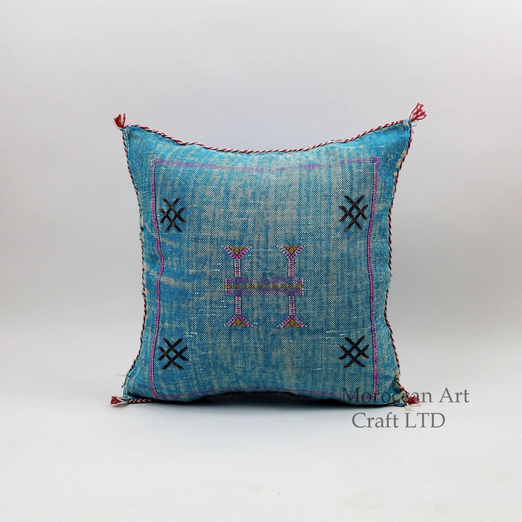 Handmade Moroccan Cactus Silk Pillow, Blue Embroidered Lumbar Cushion - product image 1