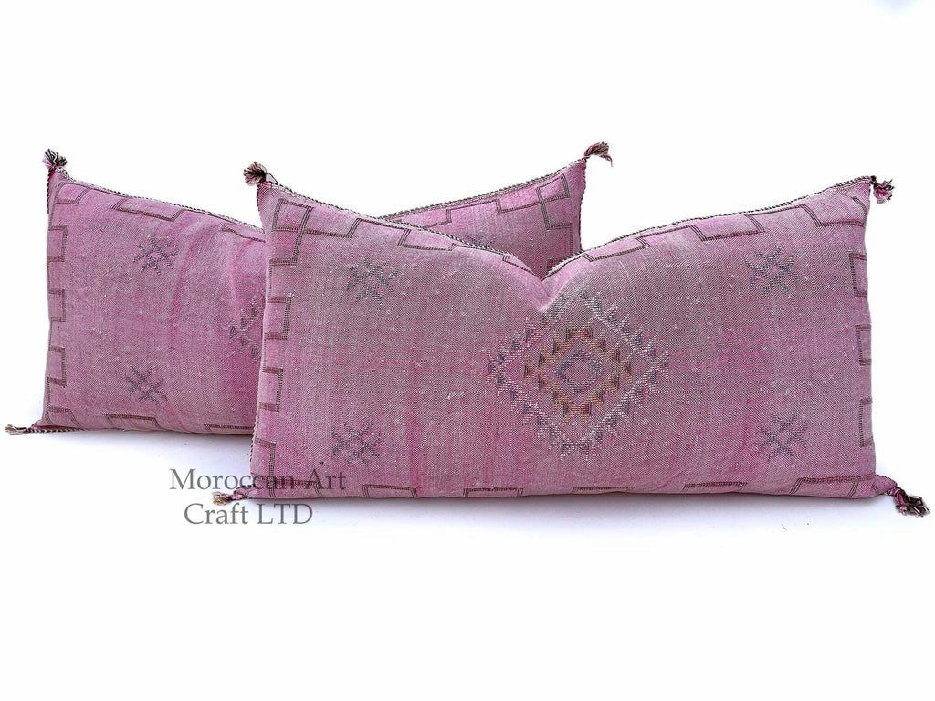 Pink Pillows silk 20x40,Pillow Cactus Silk, White Lumbar Cushion Handmade Cactus Silk Decorative Pillow - product image 1