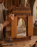 Hand-Carved Moroccan Wooden Mirror Frame with Shutters, Riad Wall Decor