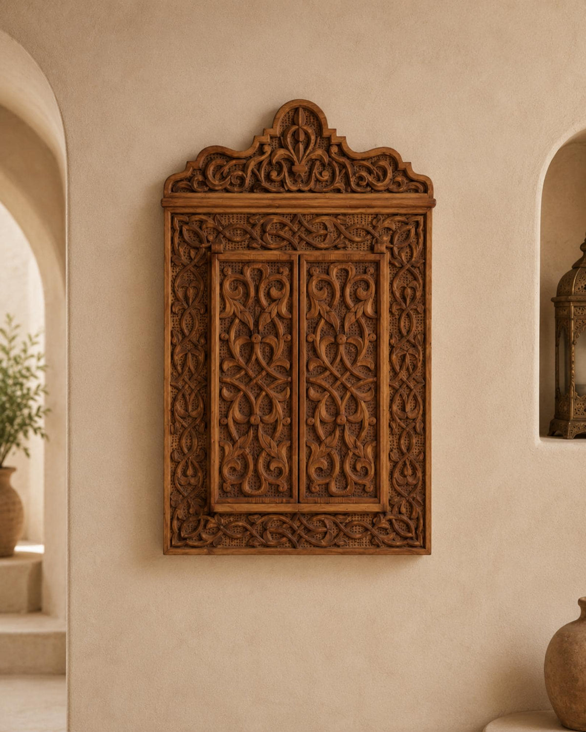 Hand-Carved Moroccan Wooden Mirror Frame with Shutters, Riad Wall Decor