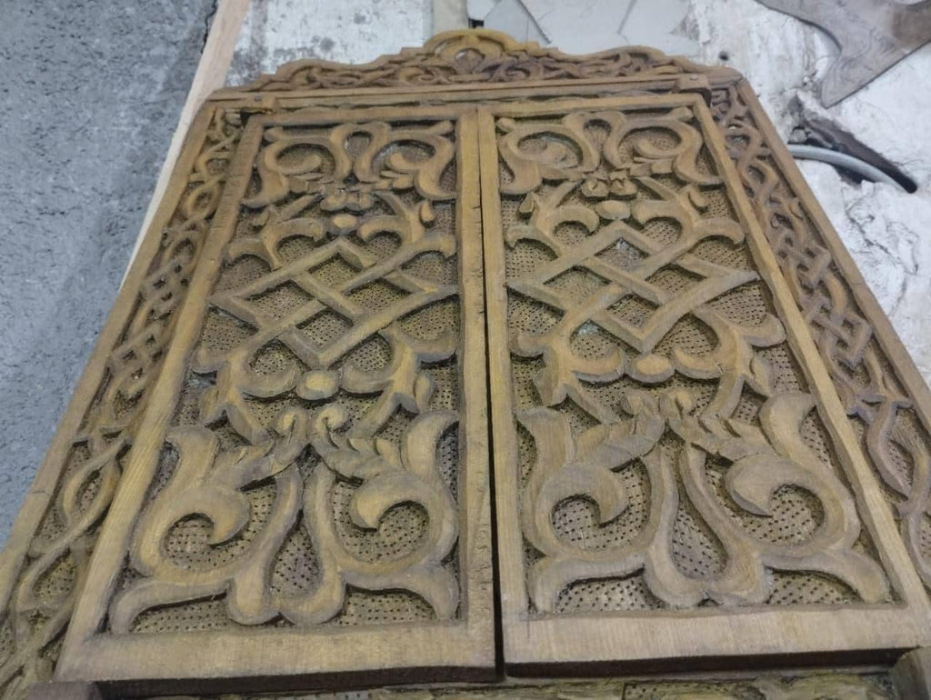 Hand-Carved Moroccan Wooden Mirror Frame with Shutters, Riad Wall Decor