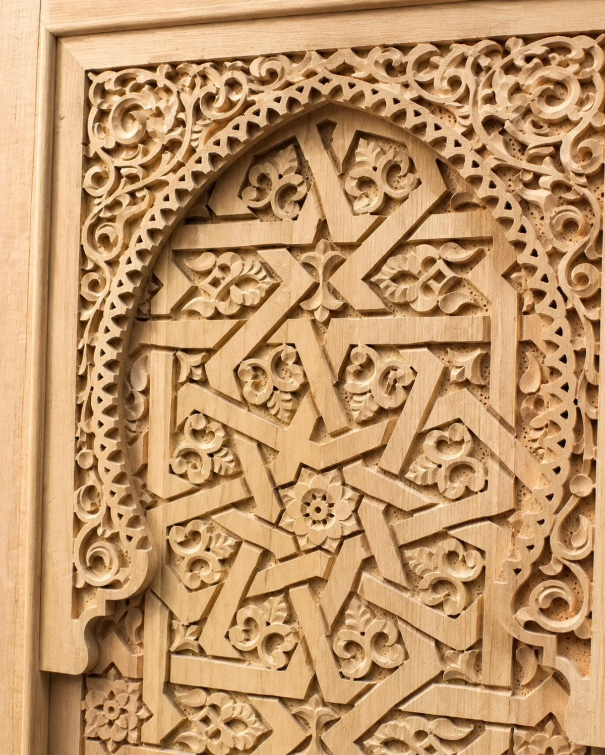 Handmade Moroccan Double Sliding Barn Doors, Arabesque Carved Wood Room Divider