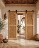 Handmade Moroccan Double Sliding Barn Doors, Arabesque Carved Wood Room Divider