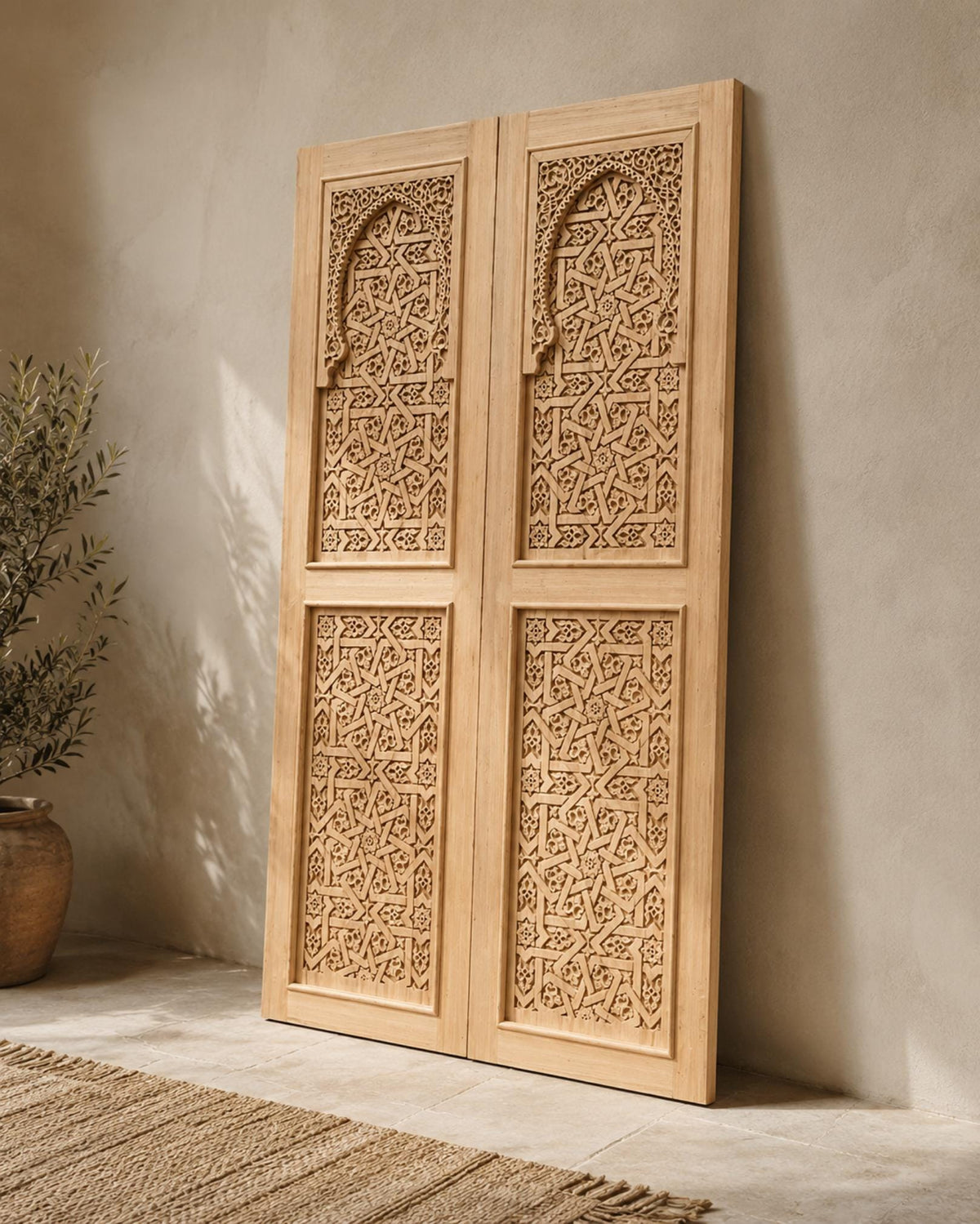 Handmade Moroccan Double Sliding Barn Doors, Arabesque Carved Wood Room Divider