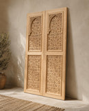 Handmade Moroccan Double Sliding Barn Doors, Arabesque Carved Wood Room Divider