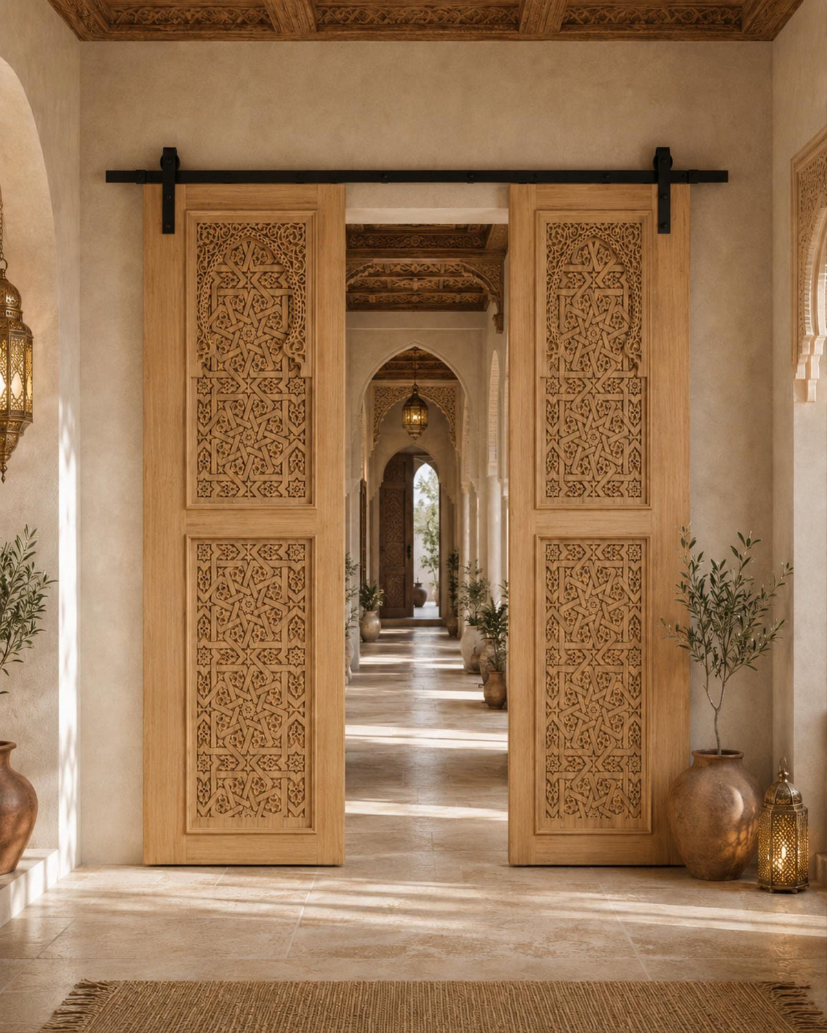 Handmade Moroccan Double Sliding Barn Doors, Arabesque Carved Wood Room Divider