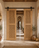 Handmade Moroccan Double Sliding Barn Doors, Arabesque Carved Wood Room Divider