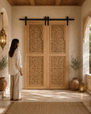 Handmade Moroccan Double Sliding Barn Doors, Arabesque Carved Wood Room Divider