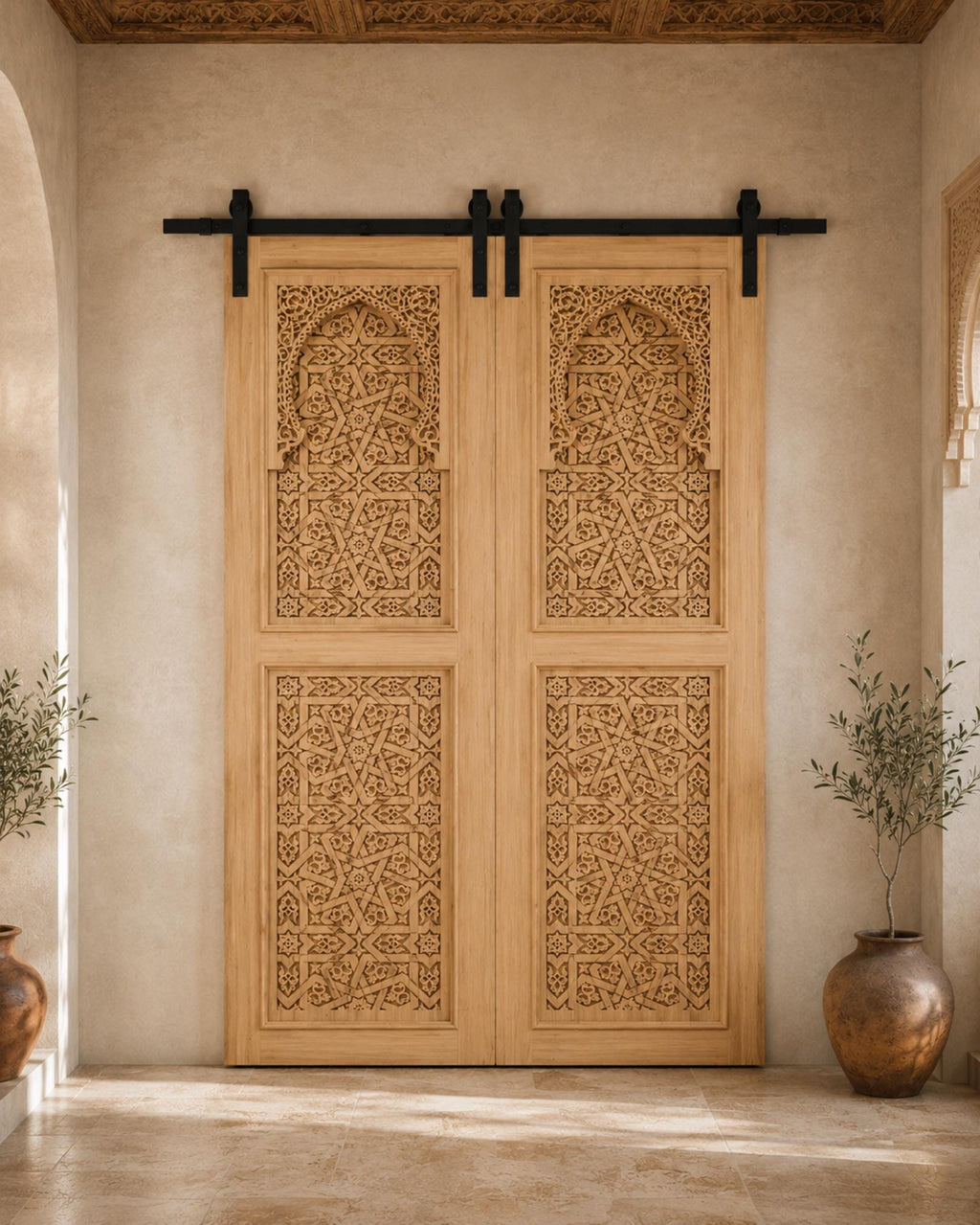 Handmade Moroccan Double Sliding Barn Doors, Arabesque Carved Wood Room Divider