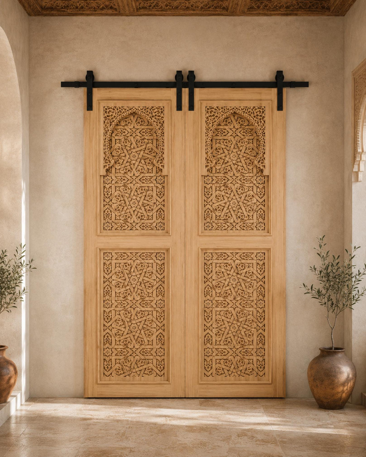 Handmade Moroccan Double Sliding Barn Doors, Arabesque Carved Wood Room Divider