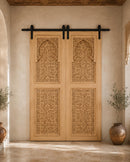 Handmade Moroccan Double Sliding Barn Doors, Arabesque Carved Wood Room Divider