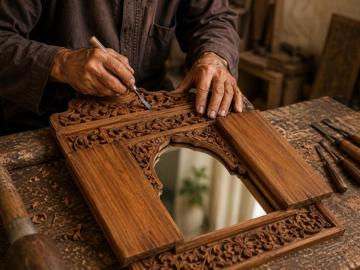 Hand-Carved Moroccan Wooden Mirror Frame with Shutters, Riad Wall Decor