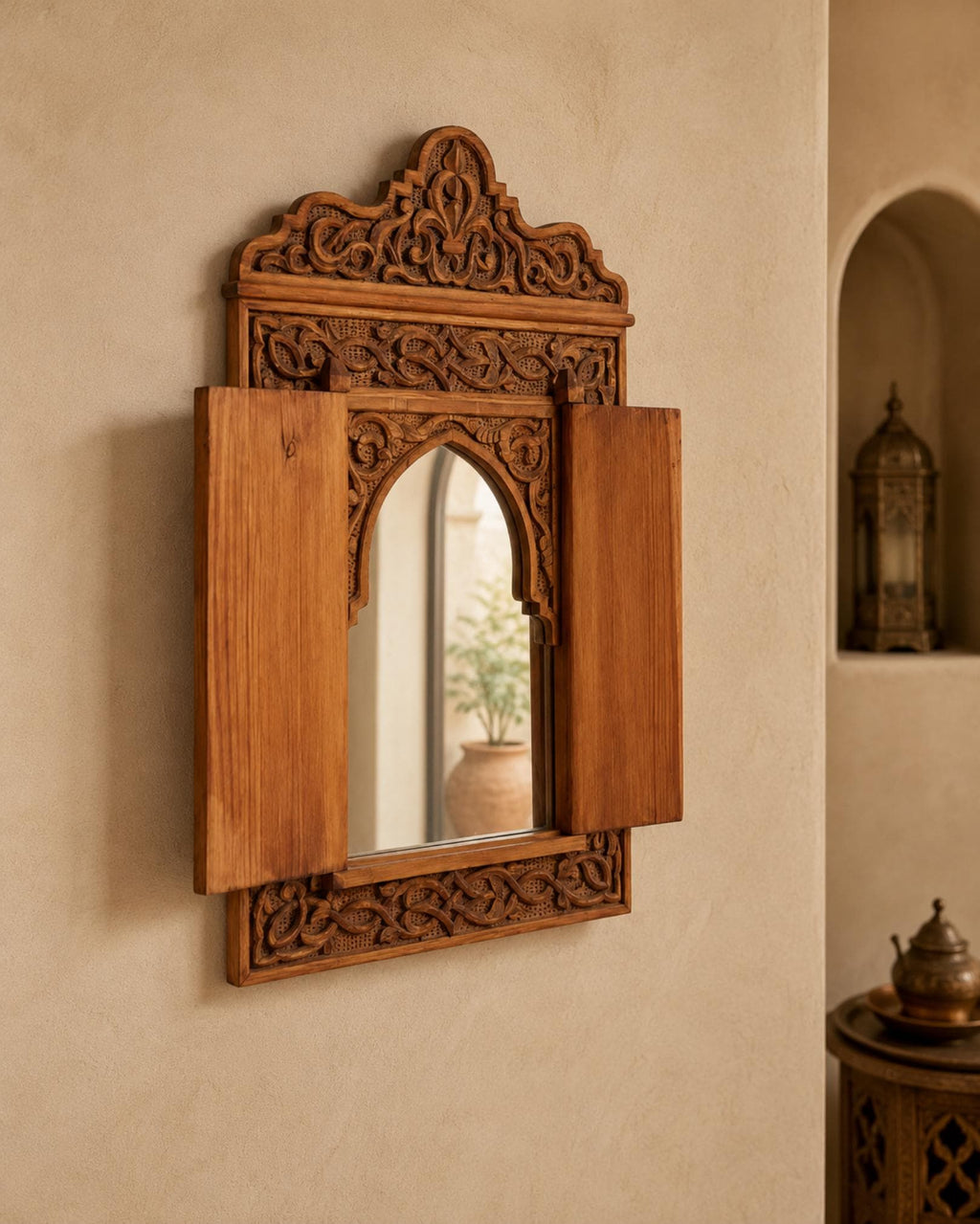 Hand-Carved Moroccan Wooden Mirror Frame with Shutters, Riad Wall Decor