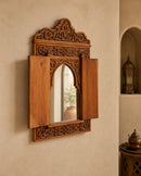 Hand-Carved Moroccan Wooden Mirror Frame with Shutters, Riad Wall Decor