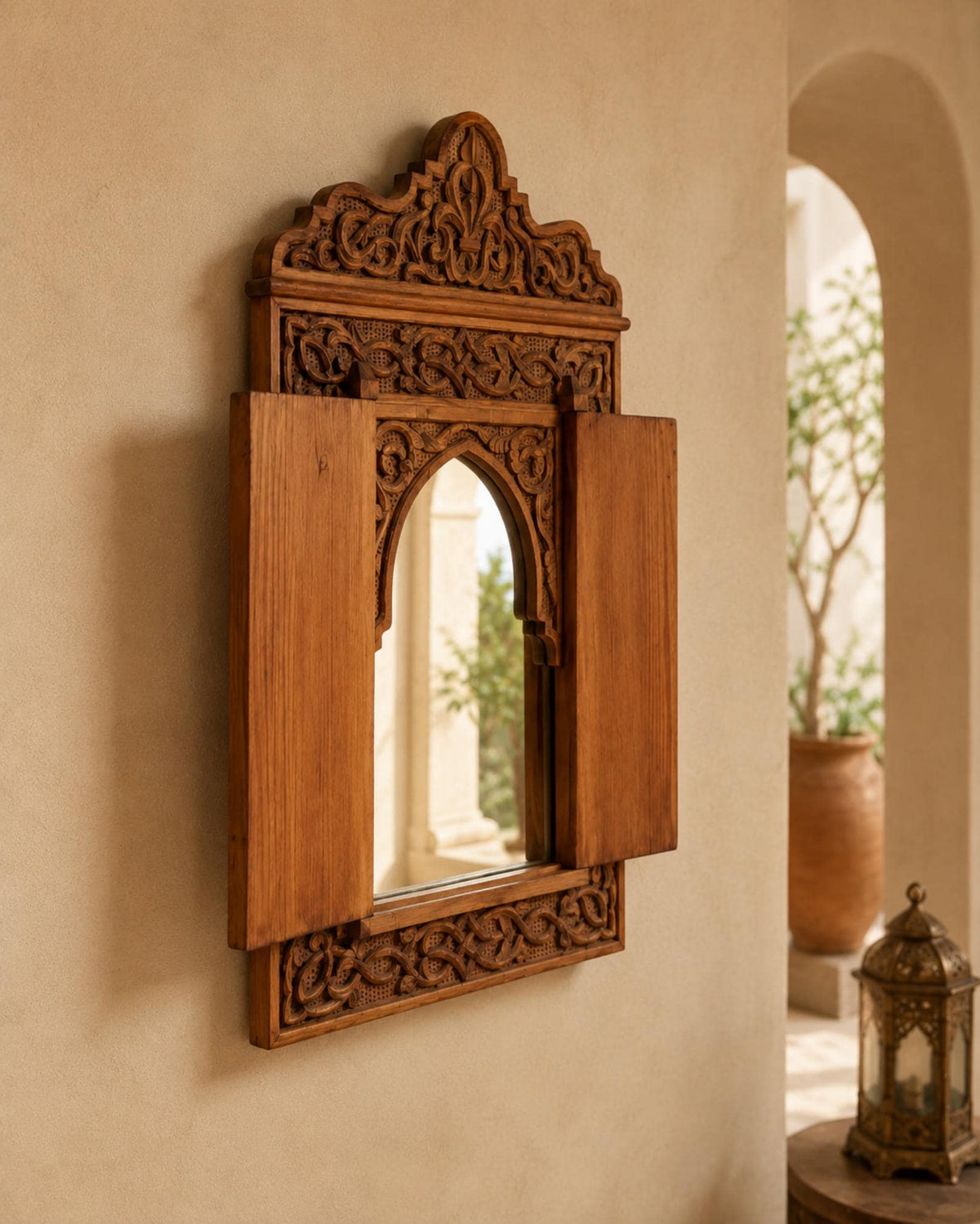 Hand-Carved Moroccan Wooden Mirror Frame with Shutters, Riad Wall Decor