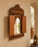 Hand-Carved Moroccan Wooden Mirror Frame with Shutters, Riad Wall Decor