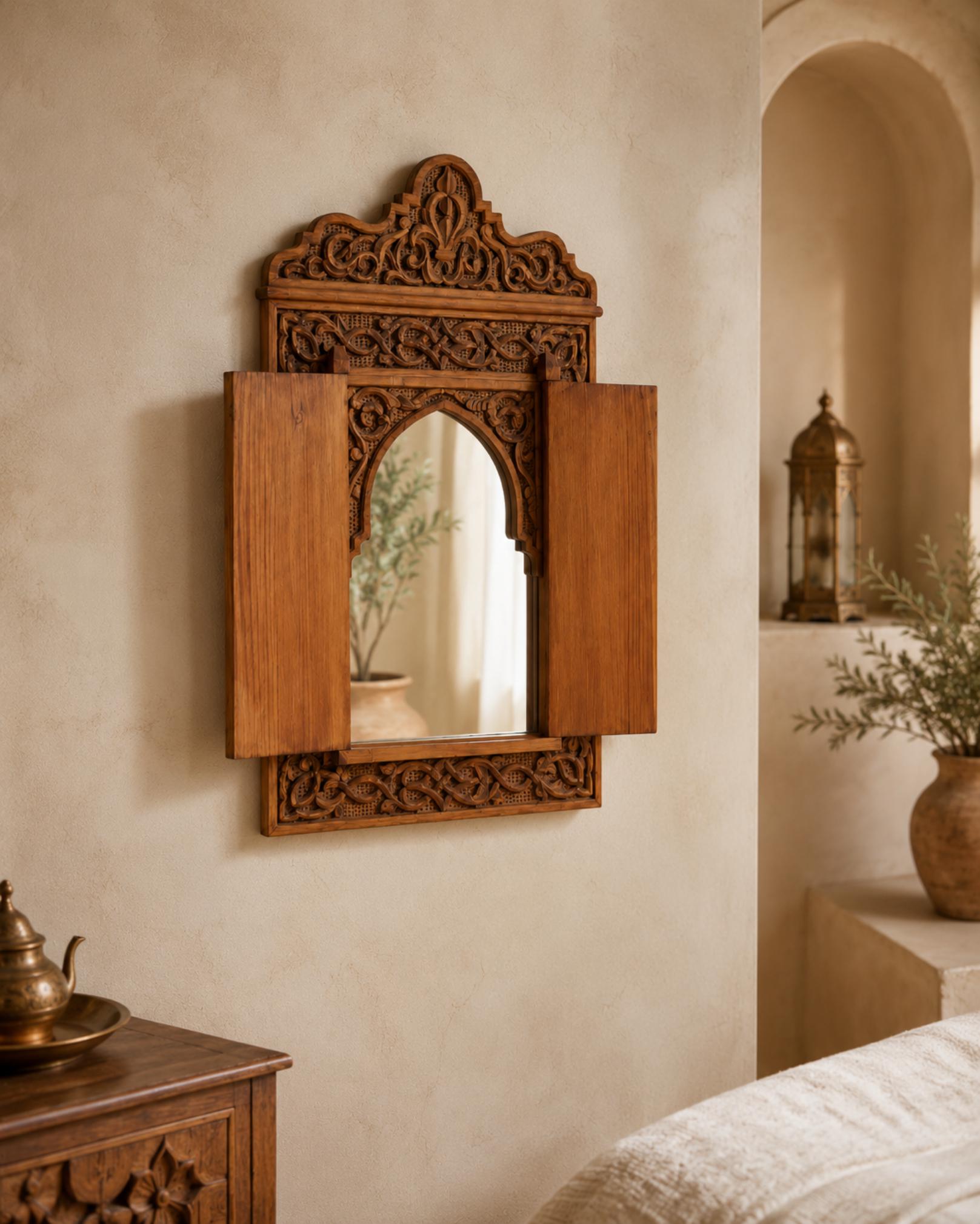 Hand-Carved Moroccan Wooden Mirror Frame with Shutters, Riad Wall Decor