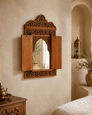 Hand-Carved Moroccan Wooden Mirror Frame with Shutters, Riad Wall Decor